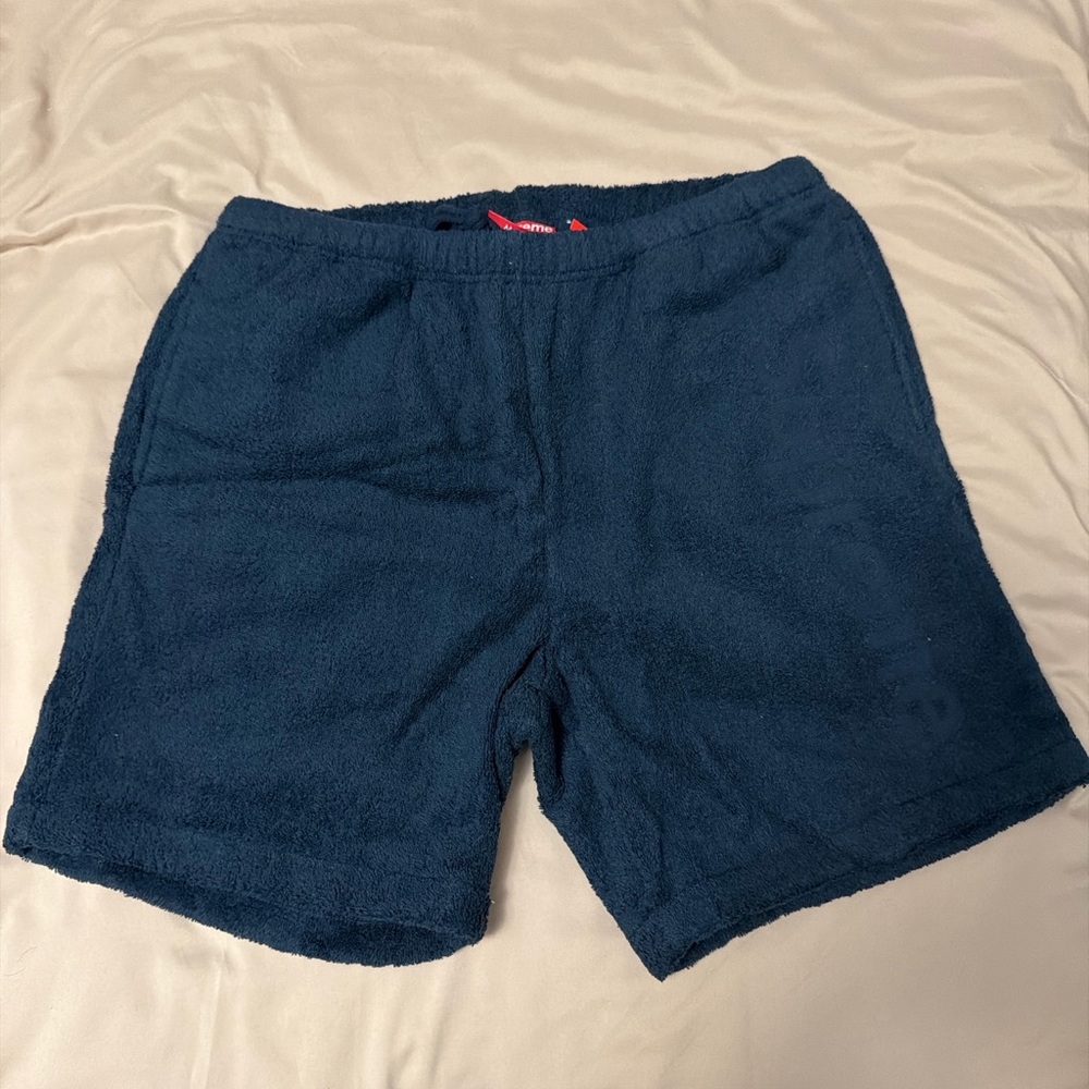 Brand New Supreme Terry Cloth Logo Shorts Navy Blue Medium SS18